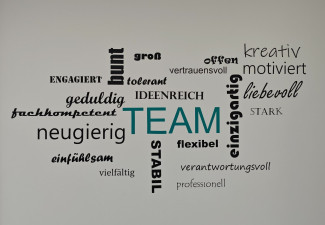 Gemeinsam gestaltete Wortwolke unseres Kita-Teams mit Eigenschaften wie kreativ, einfühlsam, humorvoll und fachkompetent. Im Mittelpunkt steht das Wort TEAM.