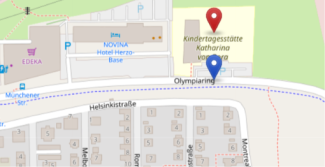 Kartenausschnitt mit Standortmarkierungen der Evang.-Luth. Kindertagesstätte Katharina von Bora am Olympiaring in Herzogenaurach.